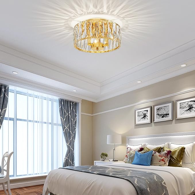 Crystal Ceiling Light, 3-Light Modern Flushmount Ceiling Light for Living Room, Dinning Room Hallway, D12xH9inch, Gold Finish Frame & K9 Crystal