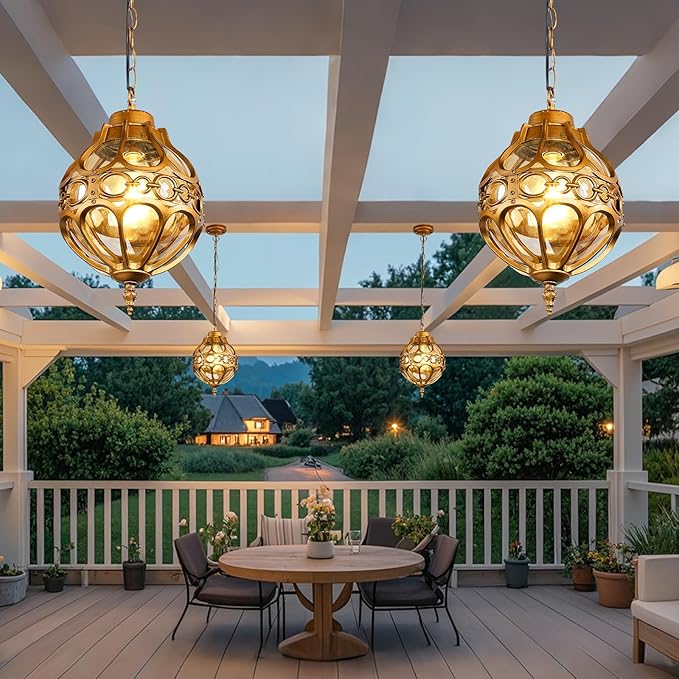 Globe Outdoor Pendant Lights,Vintage Exterior Hanging Pendant Light Fixtures with Adjustable Chain, Aluminum Brass Outdoor Chandelier for Porch, Gazebo, Entryway,No Sensor,General