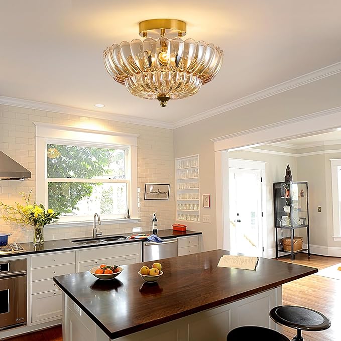 Semi Flush Mount Ceiling Light Fixture, 12" Vintage Gold Ceiling Light with Amber Glass Shade, 3-Light Close to Ceiling Light for Hallway Entryway Bedroom Kitchen, Mid Century Modern
