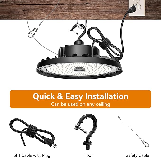 UFO LED High Bay Light 240W 36,000lm 5000K Daylight, High Bay LED Shop Lights with US Plug 5’ Cable, Commercial Warehouse Lights, Factory Area Lighting Fixture, Non-Dim