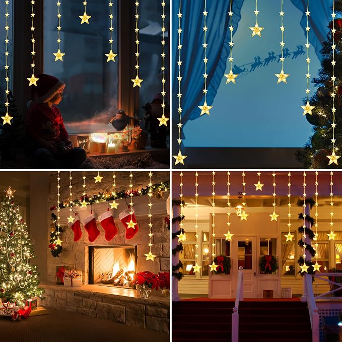 Marchpower 46 Stars Curtain Lights, Battery Operated Christmas Star Window Lights - Warm White with Timer & Memory Function & 8 Modes, IP65 Waterproof for Indoor Window Decoration