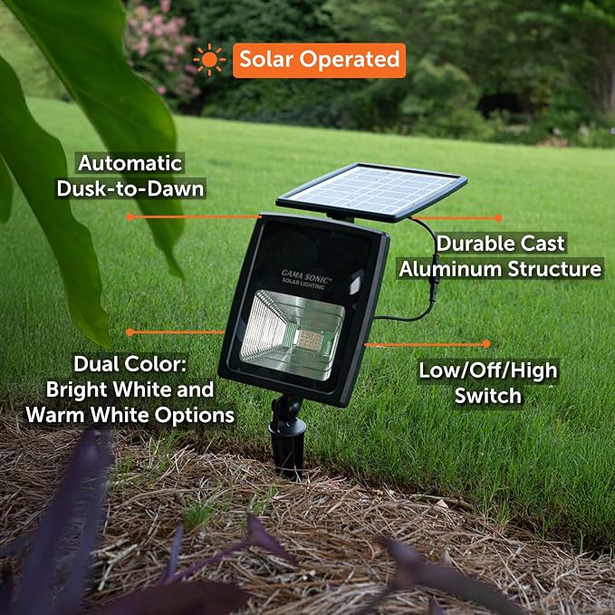 Gama Sonic Dual Color Solar Flood Light, Outdoor Black Cast Aluminum, Stake or Flat Mount Uplight for Trees, House, Landscaping, Walls with Detachable Solar Panel (203001)