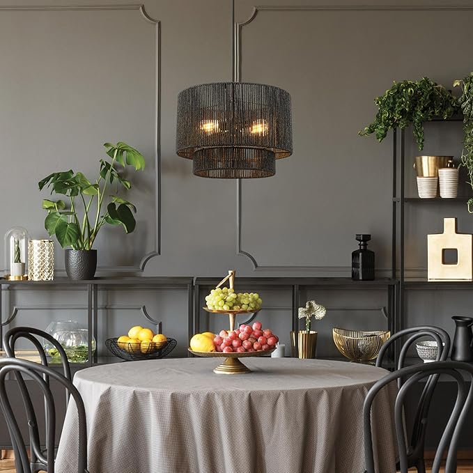 Globe Electric 67000102 2-Light Pendant Light Fixture, Matte Black, Paper Twine Shade, Braided Fabric Cord, Kitchen Island Lighting, Living Room Pendant Light, Hanging Lights for Bedroom