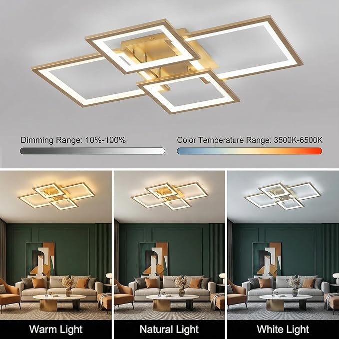 Modern LED Ceiling Light, Square LED Flush Mount Ceiling Light, Dimmable Kitchen Light Fixtures with Remote&APP, Close to Ceiling Lighting Fixture for Dining Room Kitchen Living Room Bedroom(Gold)
