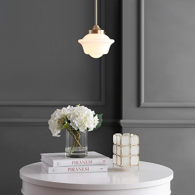 JONATHAN Y 7.2" Brass Gold Modern Schoolhouse LED Pendant Light Fixture, Adjustable Drop Metal Hanging Lamp with White Glass Shade for Kitchen Island, Dining Room, Foyer JYL3516A