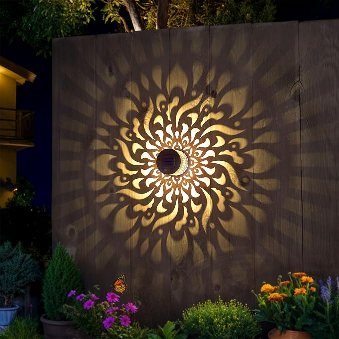 4 Pack Solar Fence Lights Metal Solar Powered Outdoor Wall Deck Step Lights Mandala Theme Waterproof Fence Light for Garden Post Patio Backyard Yard Decor, Gardening Gifts for Women Mom Grandma