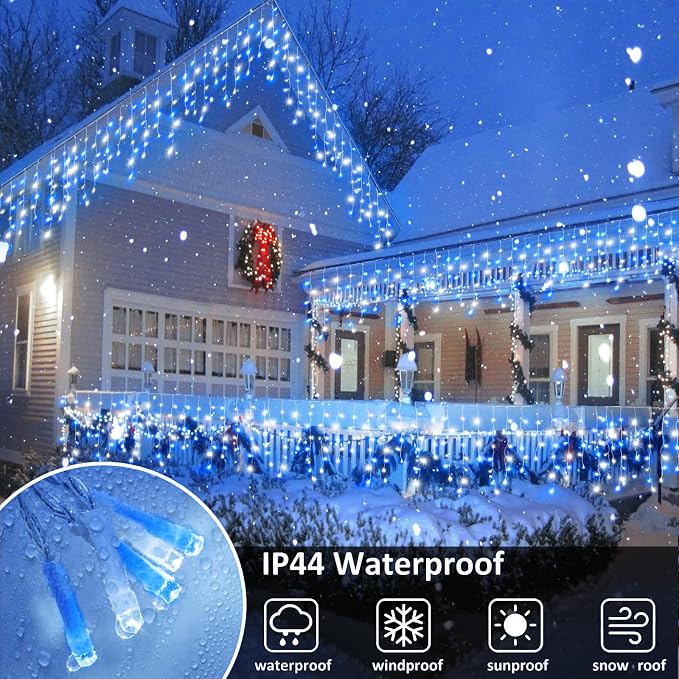 Icicle Christmas Lights Outdoor - 66FT 640 LED Icicle Lights for Outside with 8 Modes Timer, 120 Drops Waterproof Connectable Hanging String Lights Indoor for Patio Xmas Party Decor, Blue and White