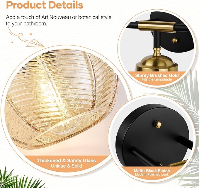 MOKATNG Bathroom Light Fixtures, 3-Light Amber Vanity Lights with Unique Leaf Texture Glass Shade, Modern Matte Black and Gold Bathroom Wall Lamp for Mirror Hallway Cabinet Living Room