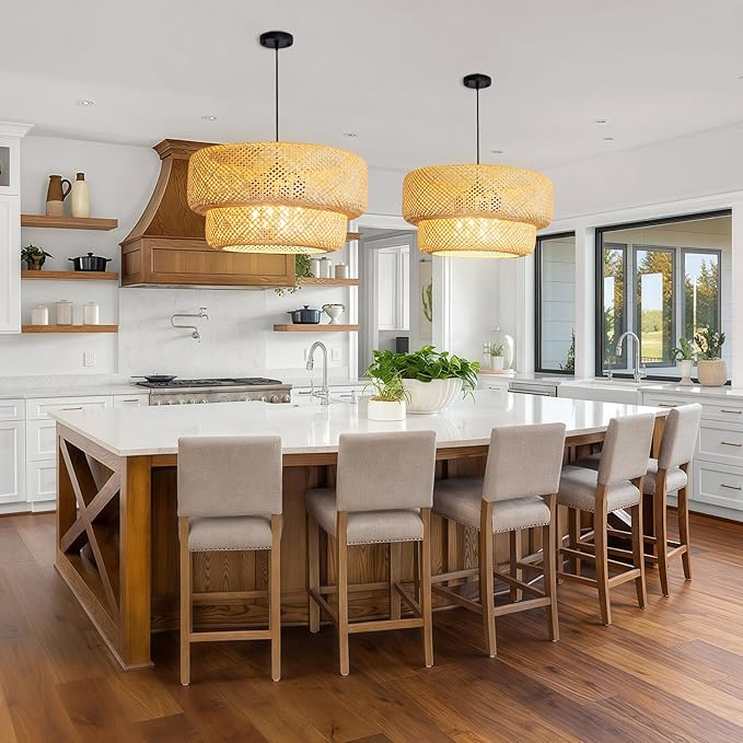 23.62" Bamboo Pendant Light,Boho Rattan Hanging Light,Hand Woven Wicker Chandelier for Kitchen Island for Kitchen Island Dining Bedroom Living Room Restaurants