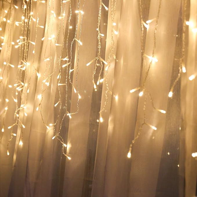Icicle Lights 90 LED 10 ft Short Curtain Lights with 8 Modes Remote Control,Powerd by USB & Battery - Waterproof Fairy String Lights for Indoor & Outdoor,Holiday,Party,Window Decoration(Warm White)