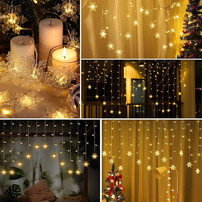LED Curtain Lights,19ft/6M 96 LED Snowflake Curtain String Lights Plug-in Window Curtain Lights with 8 Modes Decoration for Christmas, Wedding, Party,Wall, Home Decorations (Warm White)