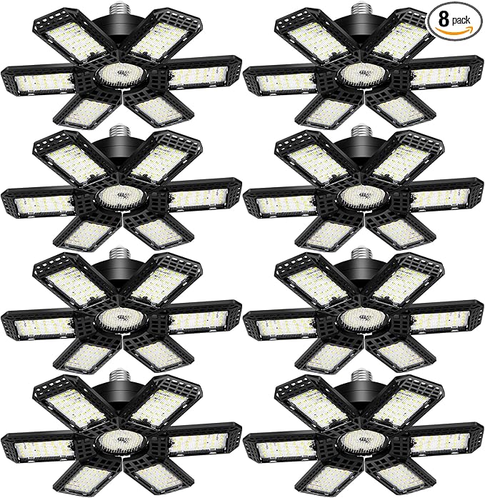 AUDLES 8 Pack LED Garage Light, 200W 20000LM 6500K LED Shop Lights, Garage Lights Ceiling Led with 6+1 Deformable Panels, Screw in E26/E27 Socket Bulb for Warehouse, Workshop, Basement, Barn Lighting