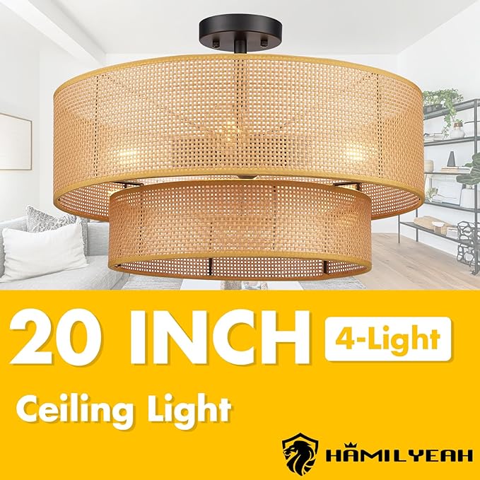 Hamilyeah 20 inch Boho Flush Mount Ceiling Light Fixture Double Layer, Drum Light Fixture Ceiling Mount with Wicker Shade, Bamboo Woven Rattan Lights Ceiling for Living Room, Bedroom, Dinning Room