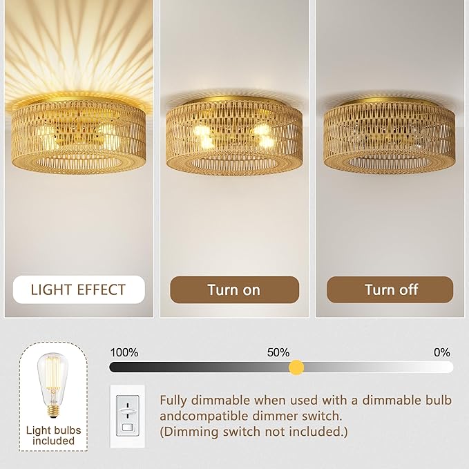 ROOMTEC 17.7" Rattan Flush Mount Ceiling Light, 4-Light Ceiling Fixture with Bulbs Included, Boho Woven Natural Fiber Dining Room Light for Bedroom Living Room Kitchen