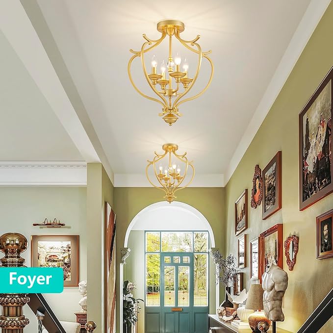 Modern 4-Light Vintage Antique Candle Ceiling Light, Light Fixture for Dining Room, Living Room, Bedroom, Gold Frame, Farmhouse Style, Maria Theresa Design, E12 Socket, D18*H20 inch