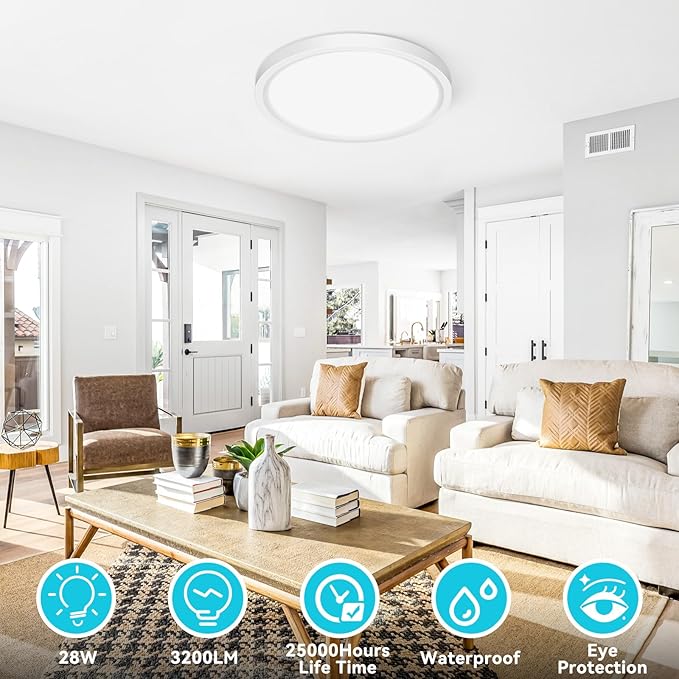 libtit 12 inch Flush Mount LED Ceiling Light Fixture, 3000K 4000K 6500K Adjustable, 28W 3200lm White Round Lighting Fixtures for Bathroom Shower Hallway Kitchen, 2 Pack
