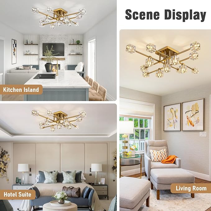 Modern Ceiling Light Fixture with 13-Lights,Gold Semi Flush Mount Ceiling Light,Crystal Sputnik Chandeleirs,Modern Ceiling Lights for Living Room,Dining Room,Kitchen Island,Bedroom