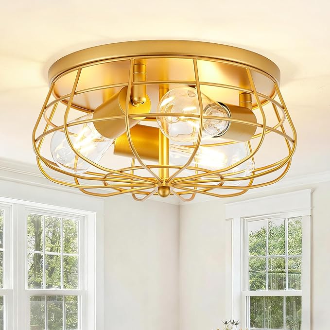 VILUXY Gold Semi Flush Mount Ceiling Light Industrial 3-Light Rustic Ceiling Lamp Fixture with Metal Cage for Kitchen Living Room Dining Room Bedroom Hallway