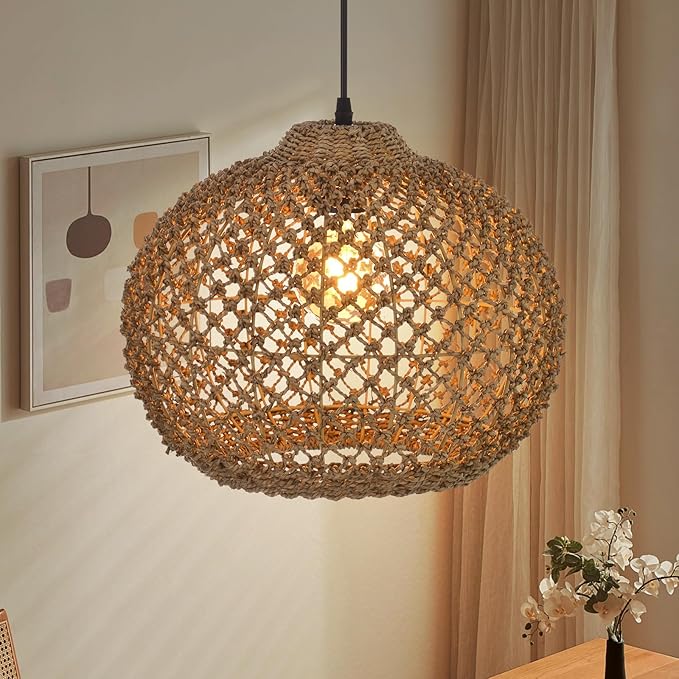 Boho Chandelier, Farmhouse Ceiling Hanging Lamp Shade, Natural Rattan Weaving Light Fixture, Rustic Round Pendant Lighting for Kitchen Dining Room Restaurant Bar, 13.78" W x 11.02" H