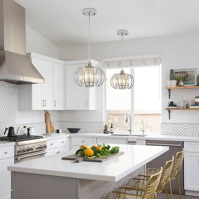 XSDeTu Modern Chrome Pendant Light Fixtures, Mini Crystal Hanging Light Chandelier, Metal Kitchen Island Lighting, Adjustable Pendant Lighting for Kitchen Island, Dining Room, Bedroom, Hallway
