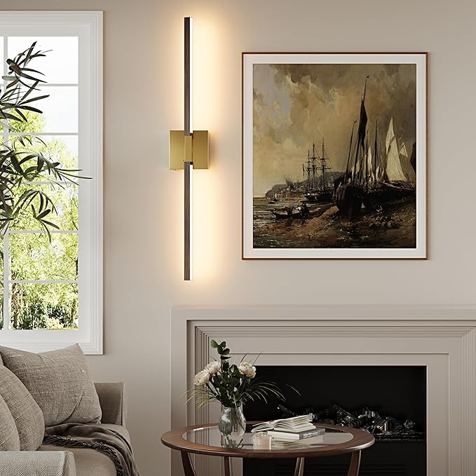 Rayogale 36 Inch Rechargeable Battery Operated Wall Sconce Set 2, 8000mAh Cordless, 3000K/4500K/6000K, Dimmable, Remote, Touch Control, 360° Rotation for Living Room Gold Walnut 2 Pack