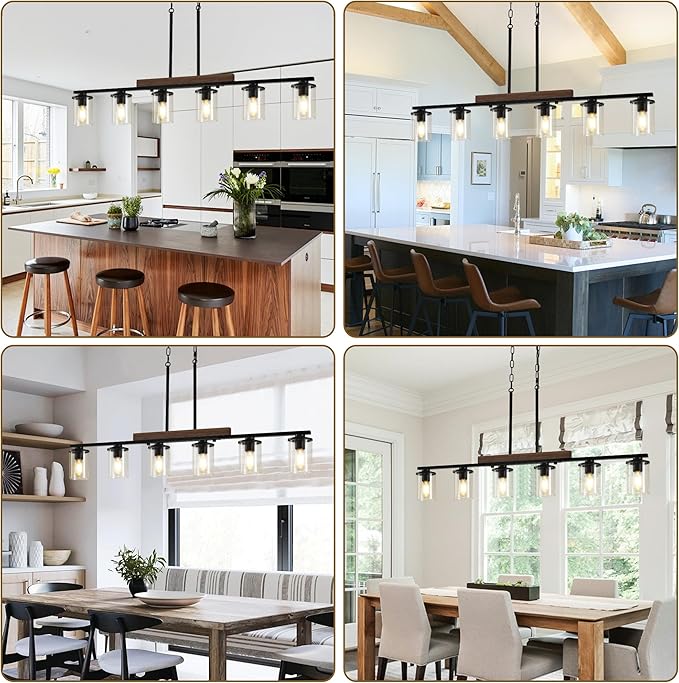 47.2'' Kitchen Island Light Fixtures, 6-Light Dining Room Light Fixture Chandelier Over Table, Black Modern Rustic Wood Ceiling Pendant Light Fixtures, with Clear Glass Shade, Farmhouse Chandelier