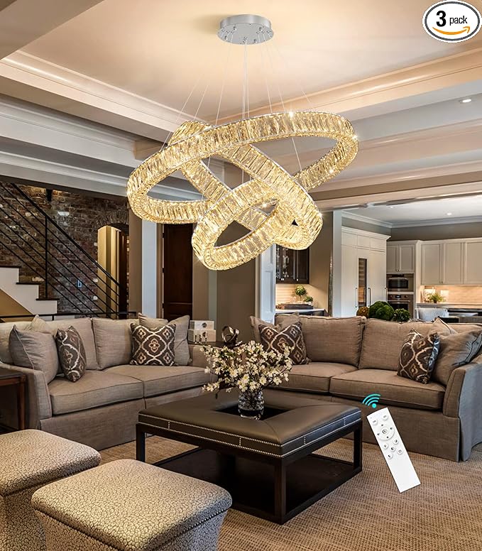 HAIXIANG Modern Glam Chandelier Crystal LED Remote Rings Chandelier Adjustable Hanging Ceilings Pendant Lights Fixture Silver 16"+24"+32" Rings Lighting