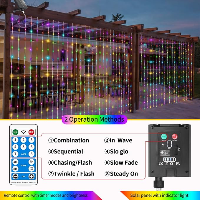 Solar Curtain Lights Outdoor 10x10Ft 300LED Multicolor Warm White Dual Color Changing Curtain Light with Dimmable Waterproof Remote Timer Memory for Christmas Weddings Party Gazebo
