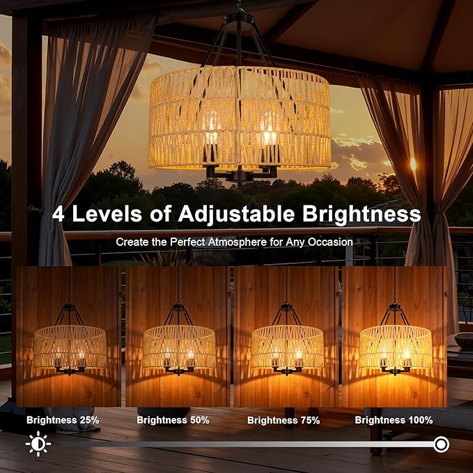 Solar Outdoor Chandelier, 4-Light 19" Rattan Outdoor Chandelier, Solar Hanging Pendant Waterproof Lights, for Gazebo, Pergola, Porch, Patio, Backyard