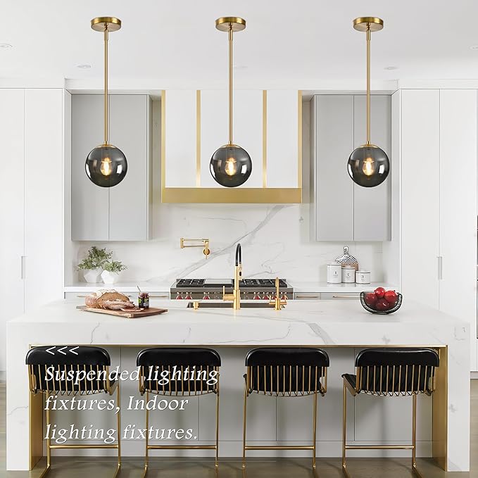 Bagood 6 Inch Globe Pendant Light Gold Globe Pendant Lights Kitchen Island Mid Century Light Fixture with Gray Clear Glass Contemporary Adjustable Hanging Lights for Dining Room (Bulb Included)