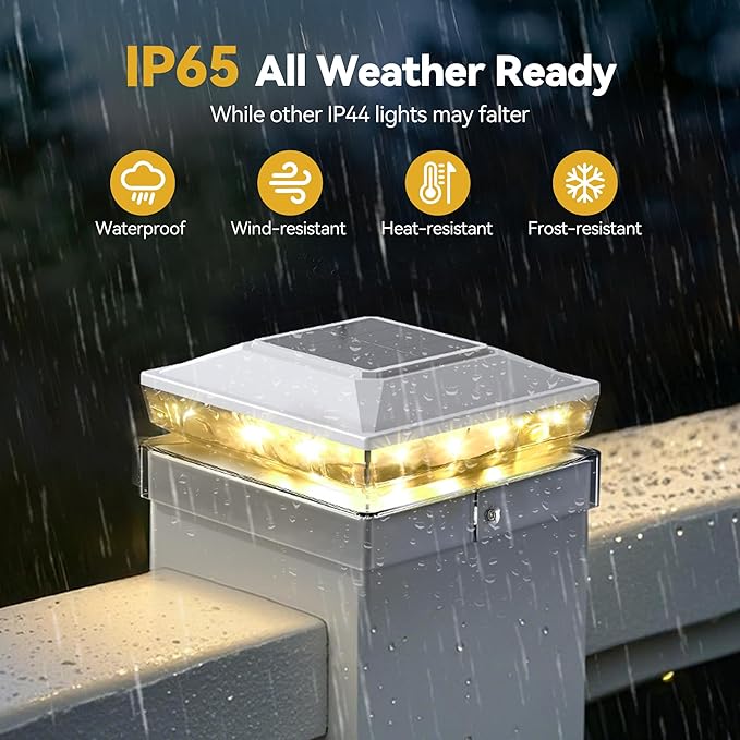 KEILAIMO Solar Post Cap Lights Outdoor, 6 Pack Upgraded Waterproof Deck Fence Post Solar Lights for 3.5x3.5 4x4 5x5 Vinyl/Wood Posts, 10-12 Hours Warm/Cool White Glow for Garden/Patio/Porch - White