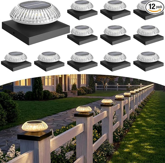 4x4 Solar Post Cap Lights 3 Color Modes,12 Pack Fence Post Lights Outdoor for Wooden/Vinyl Post, Waterproof Fence Lights Solar Powered Post for Fence Garden, Patio, Porch