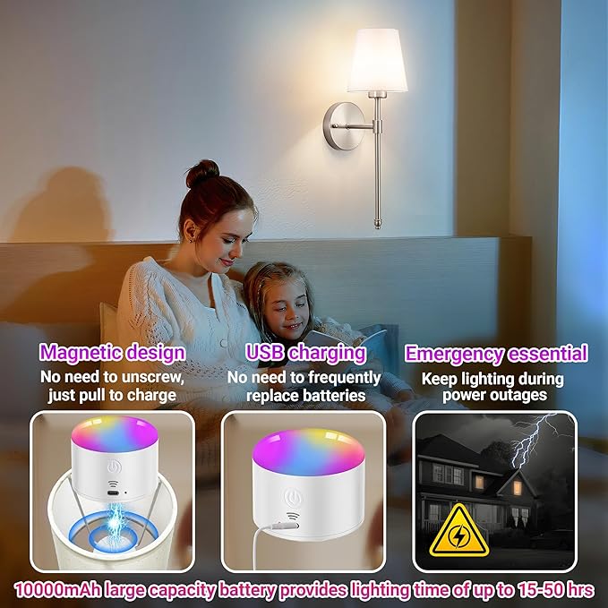 YHCDLAMP Battery Operated Wall Sconce Set of 2, Rechargeable Wall Sconce with 10000mAh Bulb and Remote Control, Up to 50 Hrs Use, RGB Dimmable Wireless Wall Lights for Living Room Bedroom Hallway