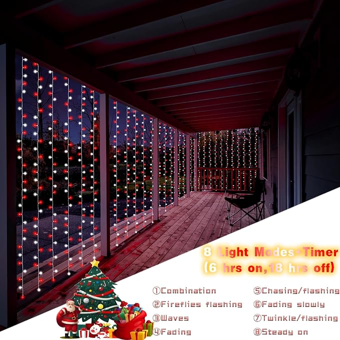Christmas Battery Curtain Lights Red White with Remote Timer 9.8×9.8ft