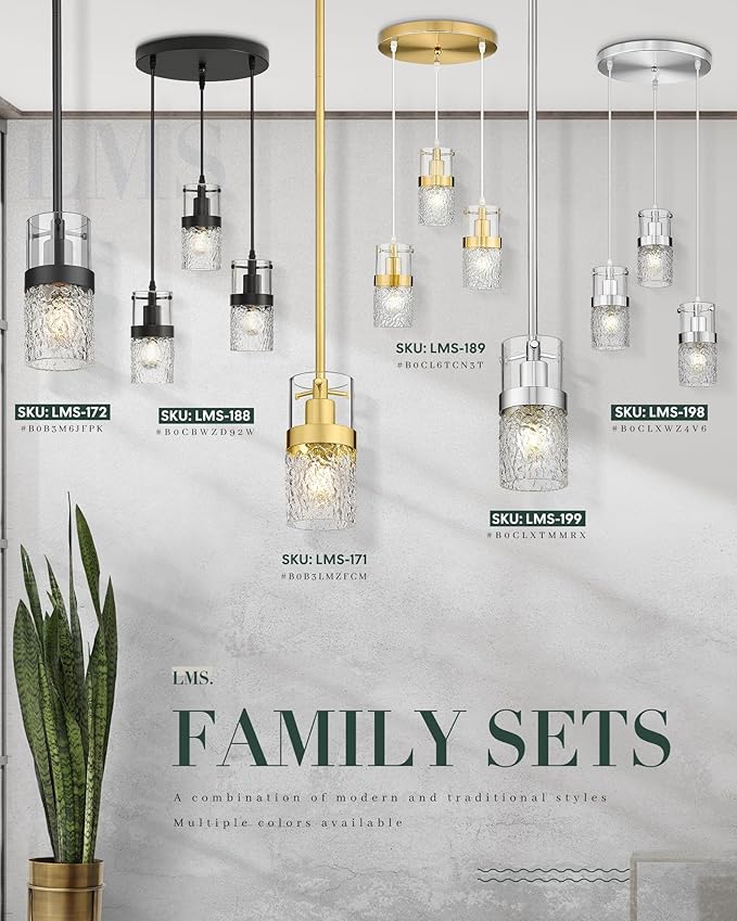 LMS Brushed Nickel Pendant Lights Kitchen Island 2 Pack, Modern Glass Pendant Light Fixtures with Hammered Glass, Adjustable Mini Hanging Light for Kitchen Island Sink Bathroom, LMS-171BN2
