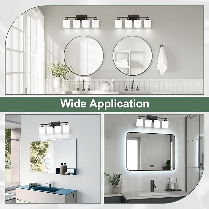 Black Bathroom Lighting Fixtures Over Mirror, 4-Light Anti-Rust Vanity Light for Bathroom, 24Inches Modern Wall Sconce, Standard E26 Base, Milky White Glass Shades, Bulbs Not Included