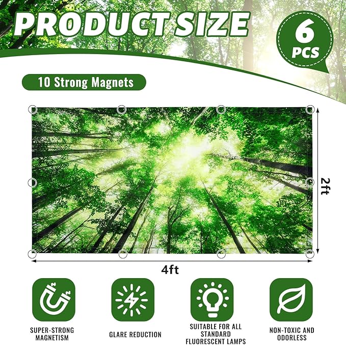 Hortsun 6 Pcs Fluorescent Light Covers - 4 x 2 Feet Magnetic Light Filters, Ceiling Lights Covers for Classroom Fluorescent Shade, Hospitals, School Office Cubicle Decor(Forest)