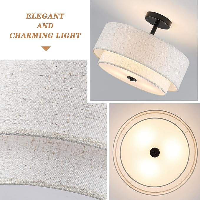 BUXVRCS Semi Flush Mount Ceiling Light Fixture, 3-Light Double Drum Lighting Fixtures with Fabric Shade, 16" Modern Light Fixtures Ceiling Mount Close to Ceiling Light for Bedroom (Black)