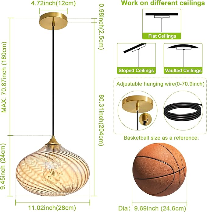 Glass Pendant Lights Kitchen Island, 11'' Gold Pendant Lighting Fixtures, Modern Hanging Ceiling Light with Striped Amber Glass Shade for Farmhouse Dining Room Bedroom Hallway(1 Pack)