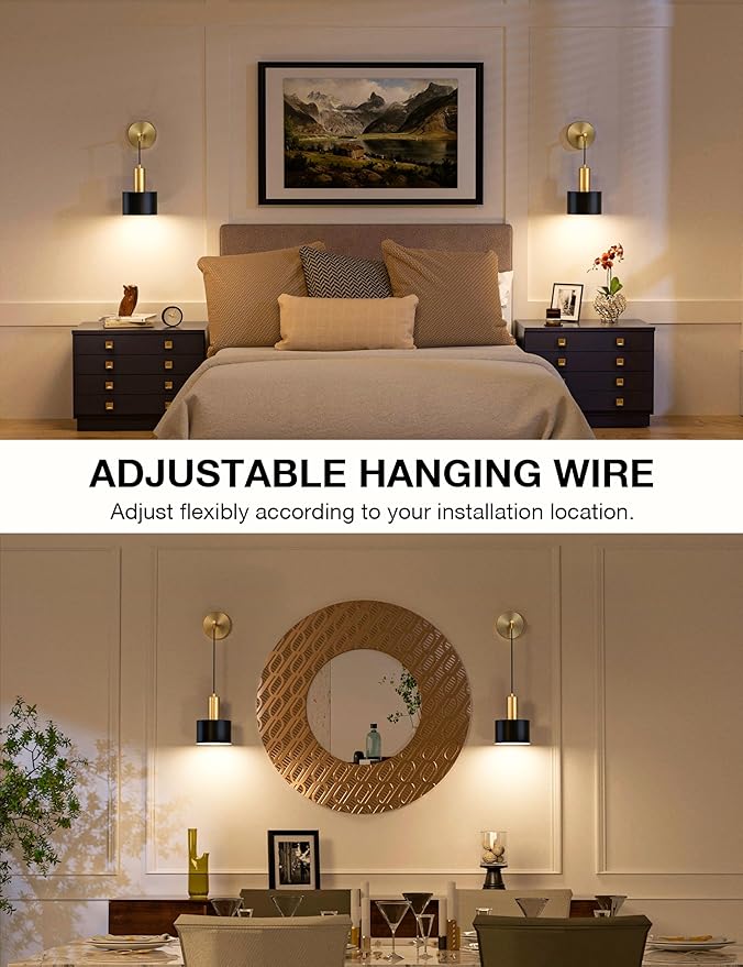 NIORSUN Battery Operated Wall Sconce Set of 2, Gold & Black Wireless Rechargeable Wall Lights with 5200mAh Dimmable Detachable Bulbs and Remote, 9 Colors Sconces Wall Decor for Bedroom Living Room