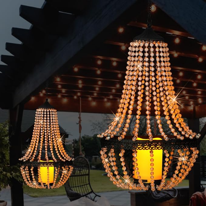 Hanging Candle Chandelier Outdoor, Battery Operated Clear Acrylic Beaded Chandelier with Flickering Led Candle Light S Hooks Modern Lantern for Garden Yard Patio Gazebo Room Indoor Decorations, 27”H