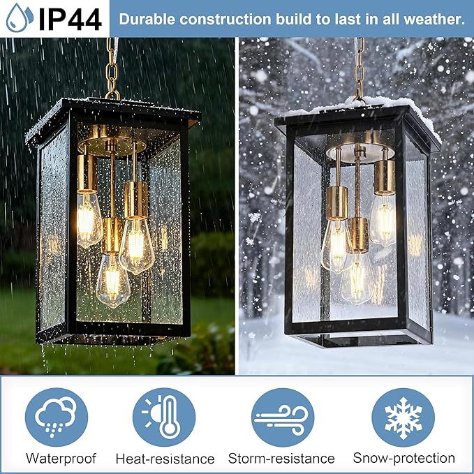 TODOLUZ 3-Lights Large Outdoor Pendant Light, Waterproof Exterior Height Adjustable Hanging Lighting with Seeded Glass Panel & E26 Bulb Base, Modern Porch Ceiling Lamp for Porch Patio Garden