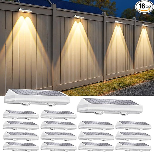 Solar Fence Lights Outdoor ,3000/4500/6000K 13 Mode, 16 Pack Fence Lights Solar Powered with Ultra-Bright Lens IP65 Waterproof,Solar Wall Light for Backyard/Step/Patio/Deck/Stair/Railings(White)
