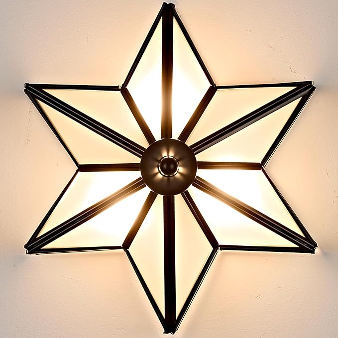 LIGHTLAND 11.8 Inch Flush Mount Star Ceiling Light, 3 Lights Brass Ceiling Lamp with Glass Lampshade, Art Deco Close to Ceiling Light Fixtures for Entryway Hallway Porch, Black