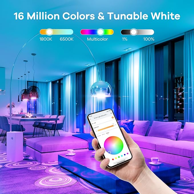 Linkind Smart Light Bulbs, Smart Bulb that Work with Alexa & Google Home, LED Light Color Changing, A19 E26 WiFi Light Bulb Dimmable, RGBTW Alexa Bulb No Hub Needed 800 Lumen, 2.4Ghz WiFi, 6 Pack