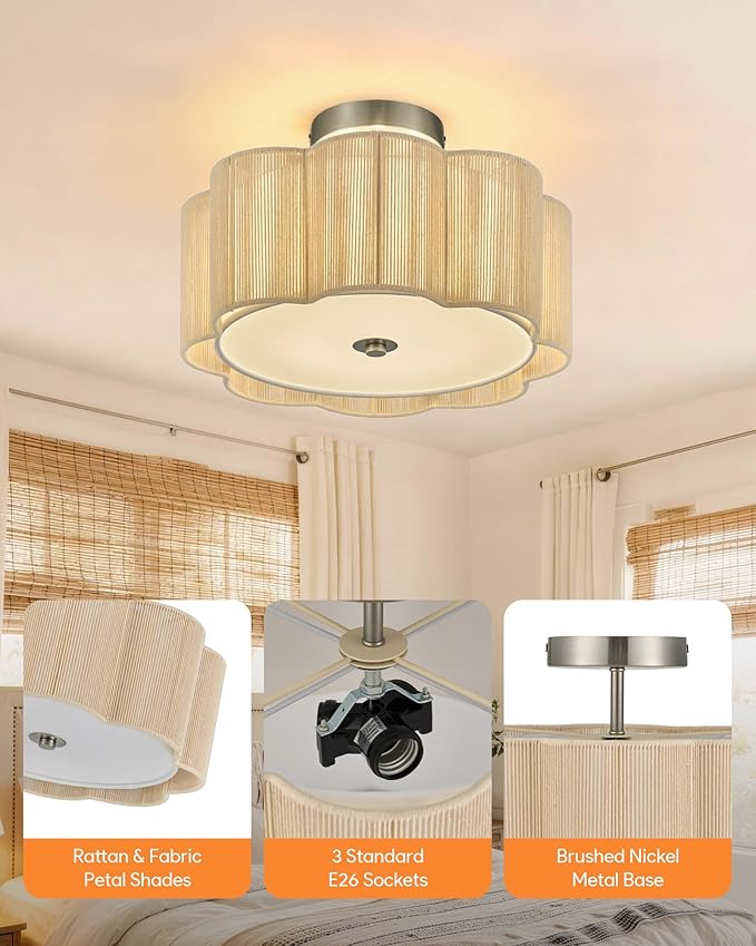 VONLUCE Semi-Flush Mount Boho Ceiling Light, 13.4" 3-Light Rattan Ceiling Light Fixture with 2 Tier Rattan Fabric Petal Shade, Lighting for Bedroom Dining Living Room, Nickel Finish, ETL Certificated