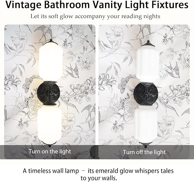 Vintage Milk Glass Bathroom Vanity Light - 2-Light Wall Sconce with Brass Finish Base & Green Glass Shade - Wall Sconce Lighting for Mirror, Kitchen, Living Room, Gallery (Bulbs Included) (white)