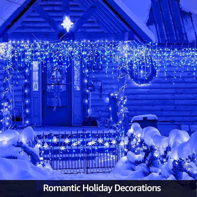 KiflyTooin Solar Christmas Lights Outdoor Waterproof Christmas Decorations Curtain Lights 320LED 29.5ft 60 Drops, Solar Powered Rechargeable Fairy Lights for Party, Wedding, Home Decorations(Blue)