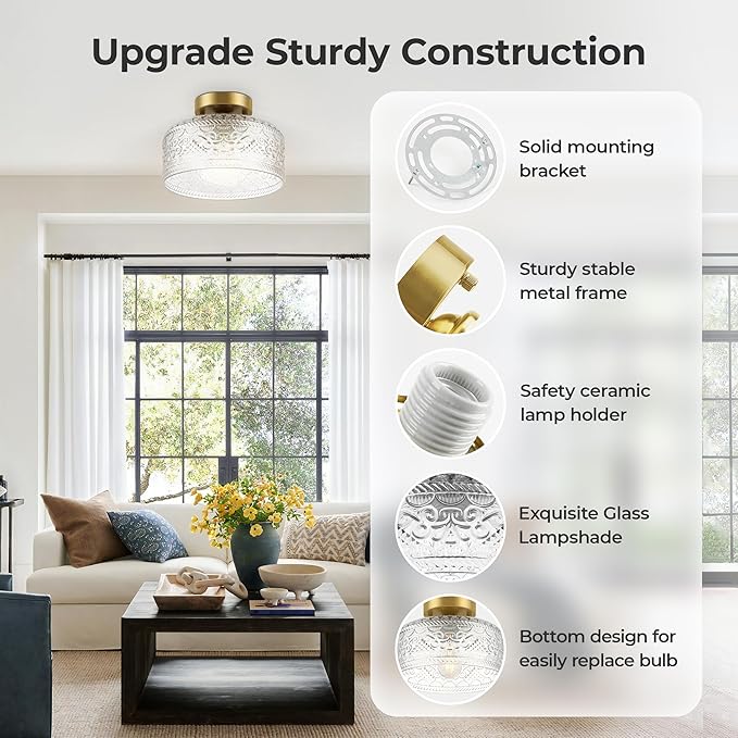 Semi Flush Mount Ceiling Light Gold, Upgraded Larger Vintage Glass Pendant Lamp Shade, Modern Farmhouse Light Fixture for Hallway Corridor Kitchen Entryway Bedroom, Bulb Not Included