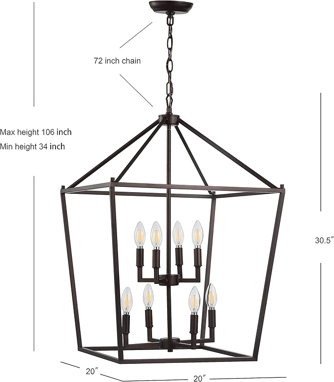 JONATHAN Y 20" Oil Rubbed Bronze Lantern Pendant Light, 8-Light Pagoda Style Metal Cage Farmhouse Hanging Ceiling Fixture for Kitchen Island, LED Bulb Included (JYL7438A)
